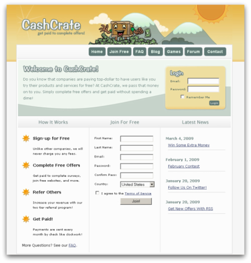 The friendly CashCrate Homepage