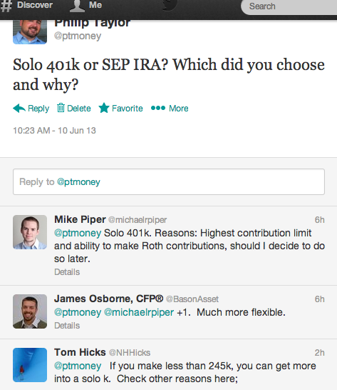 Twitter Solo 401k vs SEP IRA