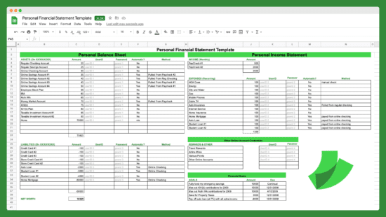 Personal Financial Statement Template by Part-Time Money
